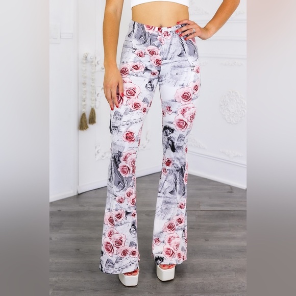 Pants - Floral Print Flared Pants